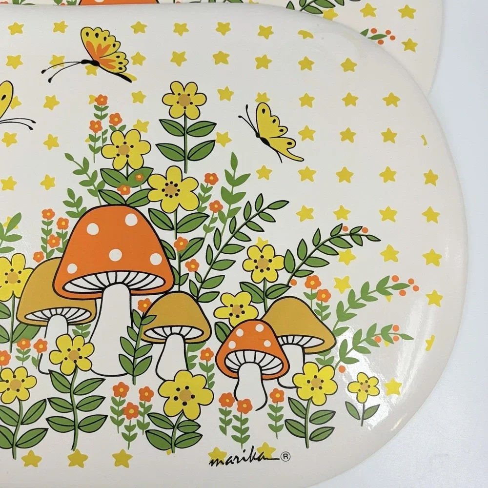 Vintage Marika Vinyl Foam Placemats 2 Pc Mushroom Butterfly Orange Yellow 18x12